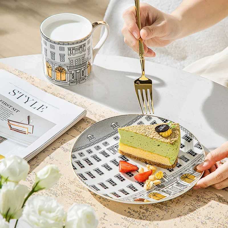 Luxury European-style Ran Architecture Ceramic Disc Coffee Cup Snacks Main Course Plate Kitchen Tableware Coffee g Storage Tray Y251129