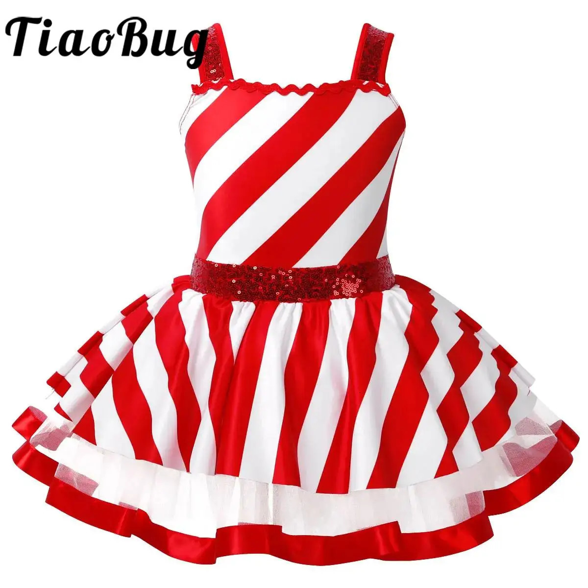 Kids Girls Candy Cane Mrs Santa Claus Costume Shiny Sequins Christmas Dance Figure Ice Skating Tutu Dress Leotard Dancewear 251128