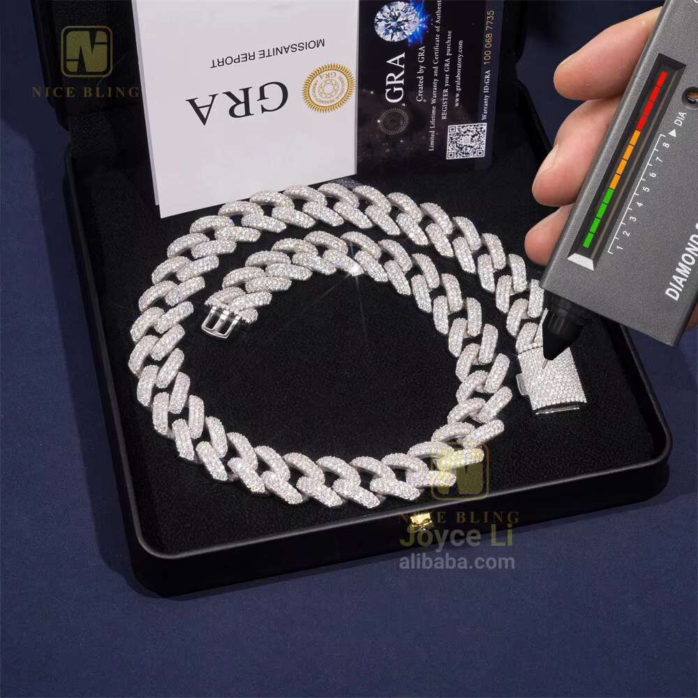 Fine Jewelry Mens Iced Out Jewelry Three Rows 20mm Silver 925 Moissanite Hip Hop Jewelry Cuban Link Chain Men Necklace