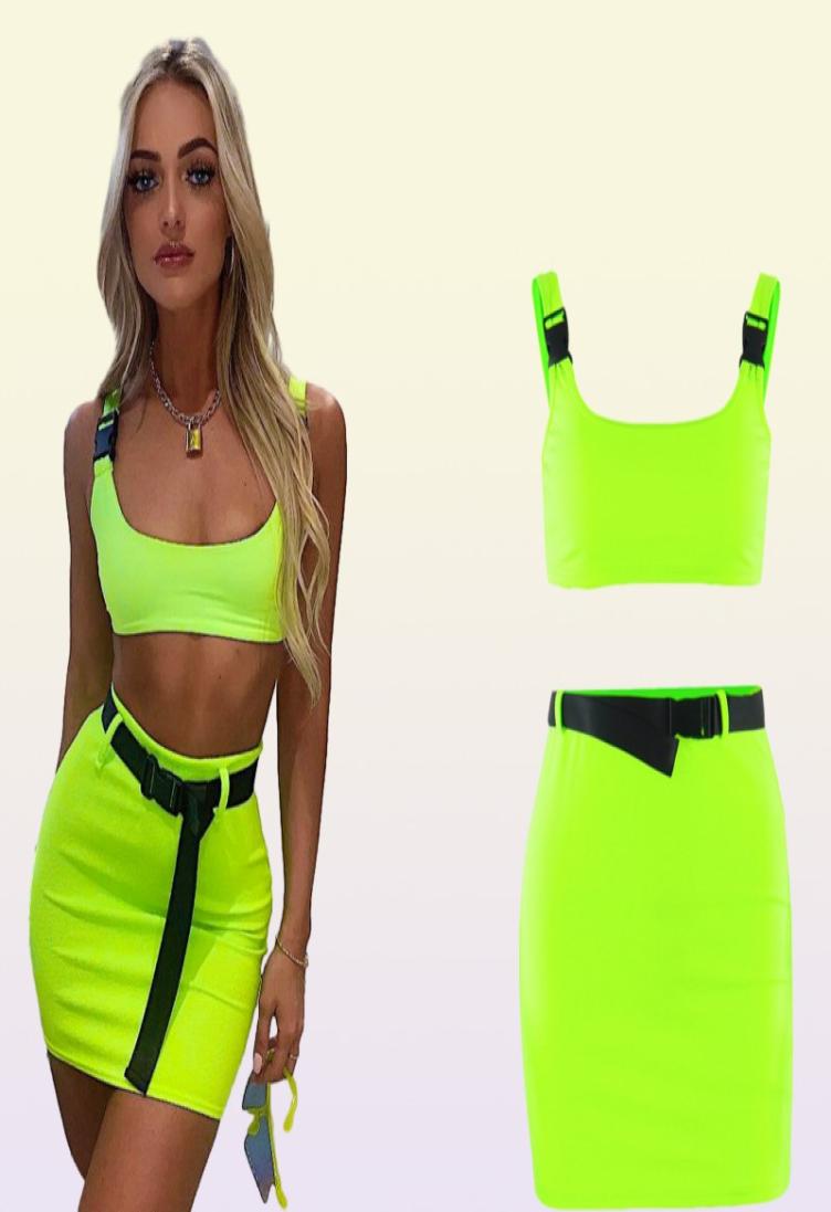 Two Piece Dress Neon Women 2 Sets Square Collar Low Cut Buckle Backless Crop Tops Waist Belt Chic Skirt Autumn Street Pcs Outfits2185286