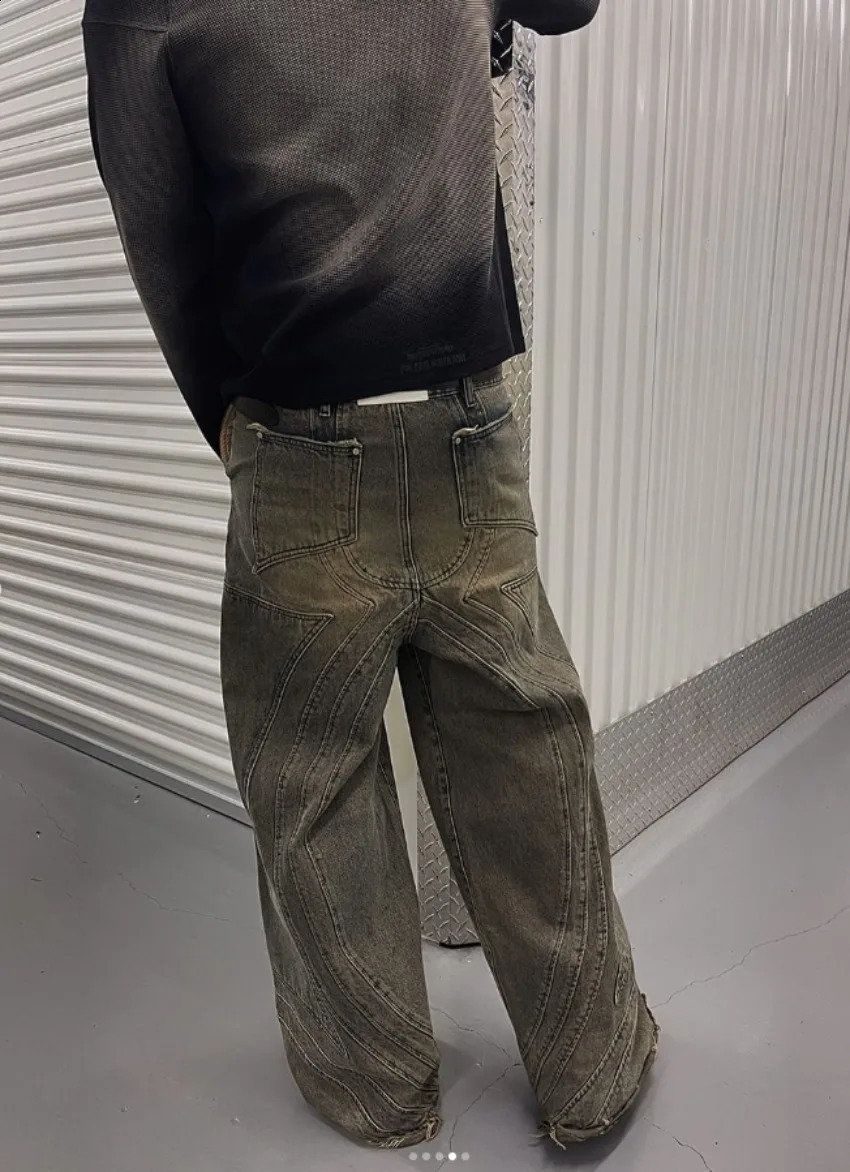 Y2K niche loose jeans American retro waxed hip-hop loose straight pants wide leg pants casual mens jeans 250423