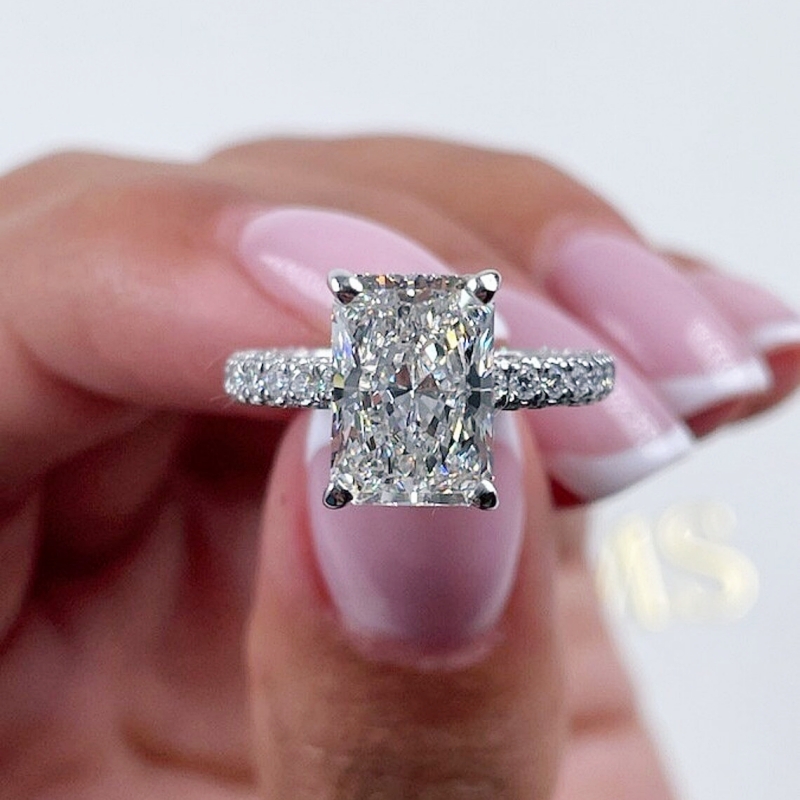 Jewelry 18K White Real Gold Ring For Women 2.0 Carat Radiant Cut Luxuery Pave Lab Diamond Engagement Wedding Womens Ring