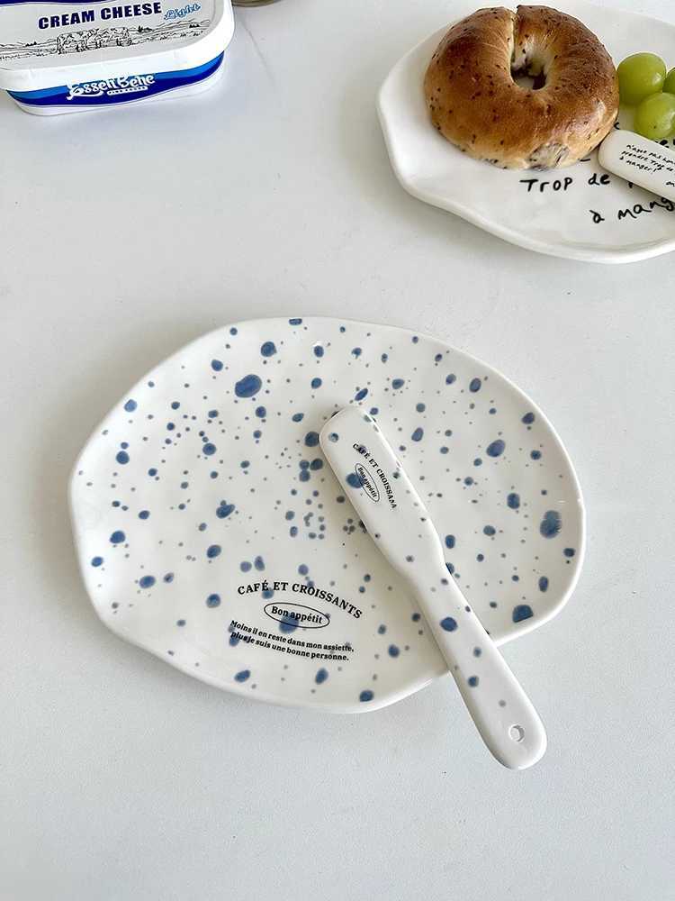 Luxury Korean Style Irregar Ceramic Dessert Plate Ink Splash Bagel Bread Cake Dish French Jam Knife Butter Knives Tableware Set Ins Y251129