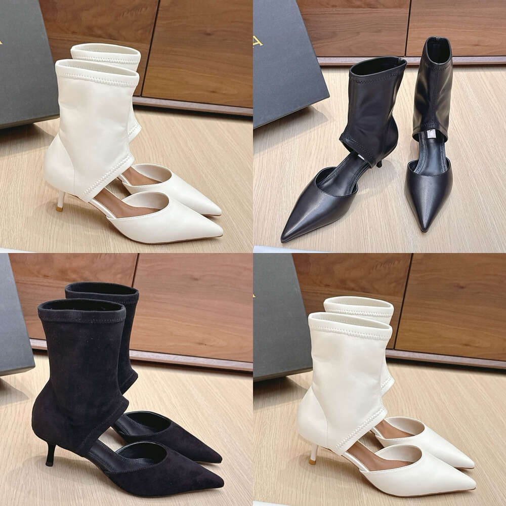 2025 new Designer shoe woman Stilettos Black fashion Boots Stretch leather Suede hollow-out style Womens Pointy Ankle boots Middle heel booties Ladg boot