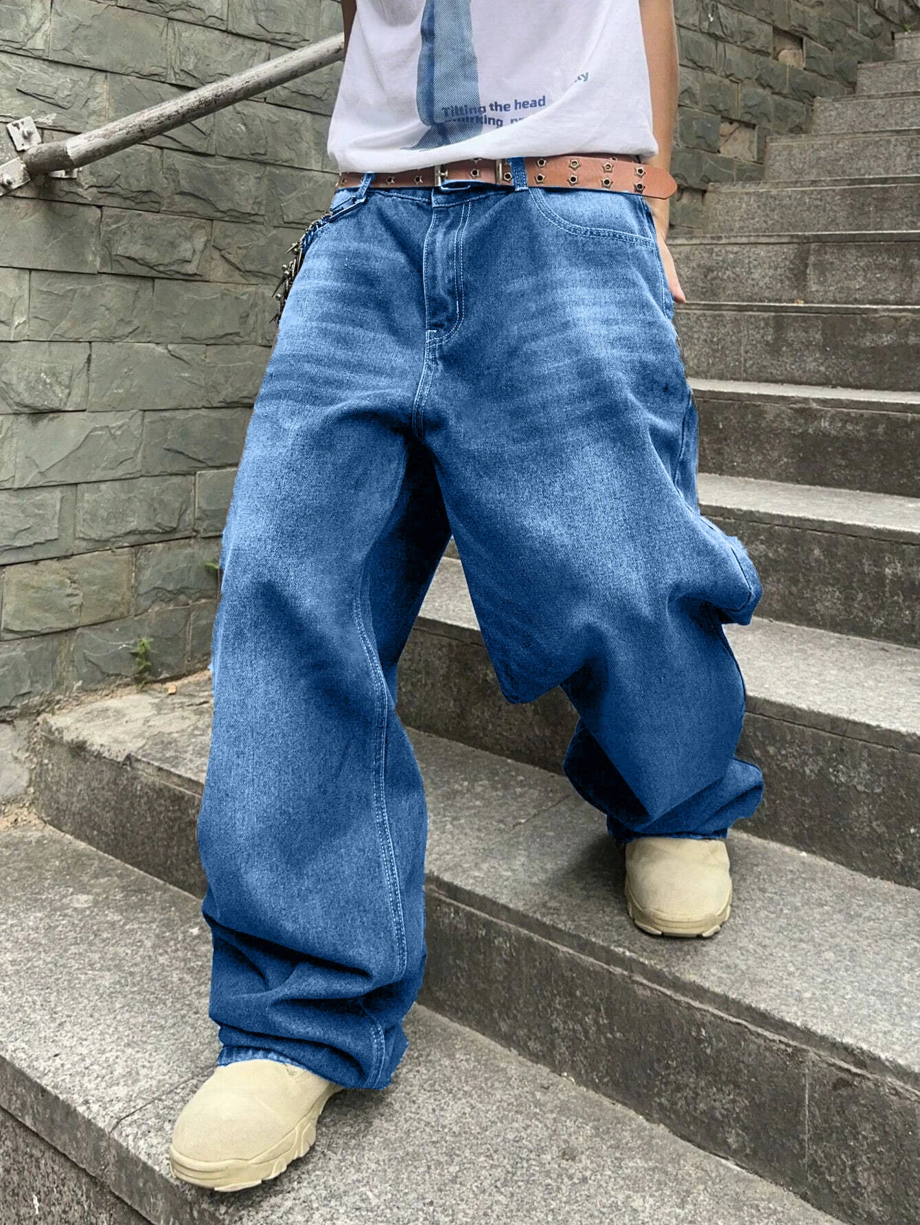 1 piece of mens loose hip-hop style denim jeans - casual streetwear washed blue strapless/decorative comfortable and fashionable 250423
