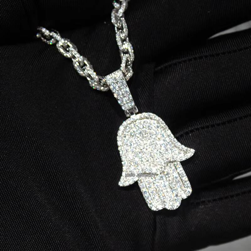 Custom Silver 925 Moissanite Hamsa Fire Chai Pendant for Men Hip Hop Style Iced Out Jewelry with GAR Certificate