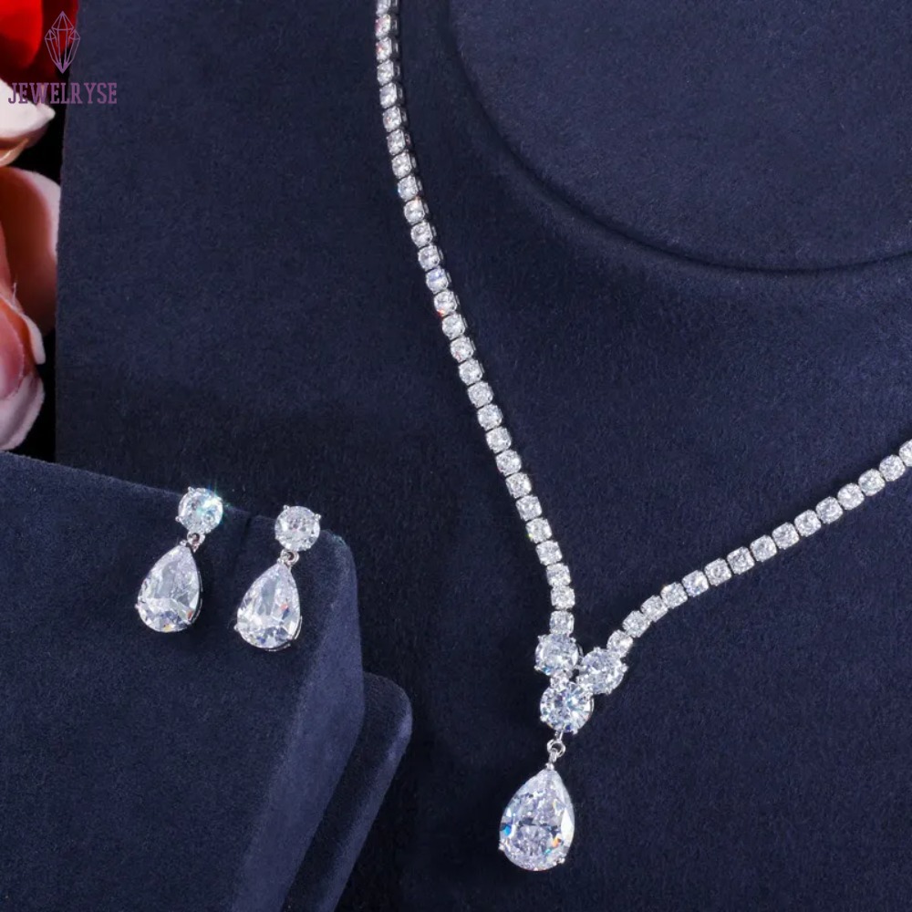 Sparkling Wedding Jewelry Sets Luxury 18K White Gold Fill 5A Cubic Zircon CZ Diamond Gemstones Party Dinner Tennis Necklace Women Dangle Earring Gift
