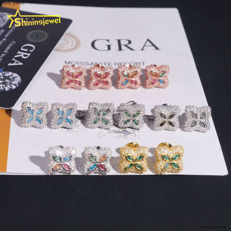 New Arrival Custom Hip-Hop Men's Ice-Cold 925 Silver Clover Flower Multicolor Marquise 15MM Millimeter VVS Moissanite Earrings