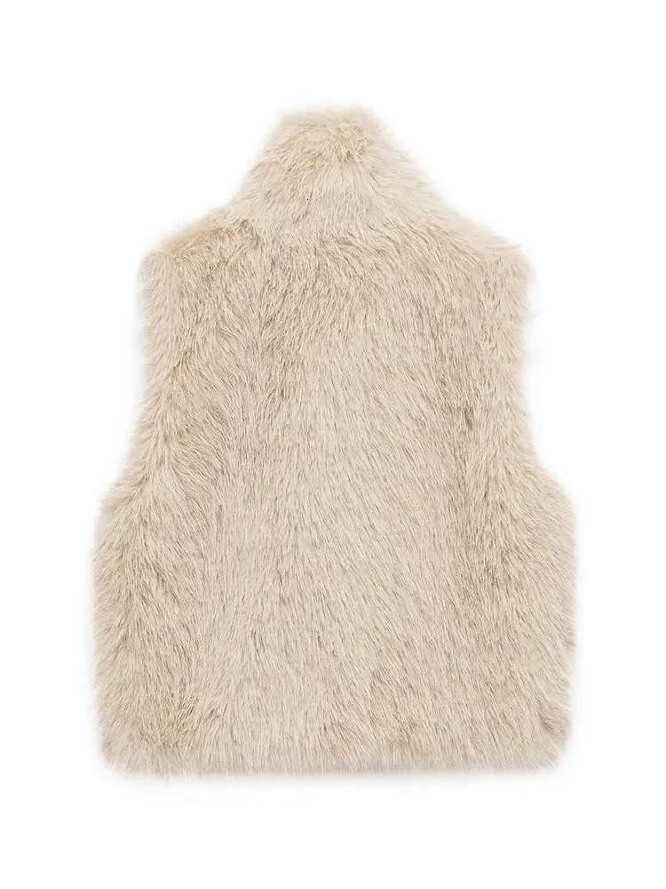 HH Women Fashion Faux Fur Waistcoats Sleeveless Turtleneck Short Vest Coat Woman Vintage Solid Casual Office Lady OutwearT251129