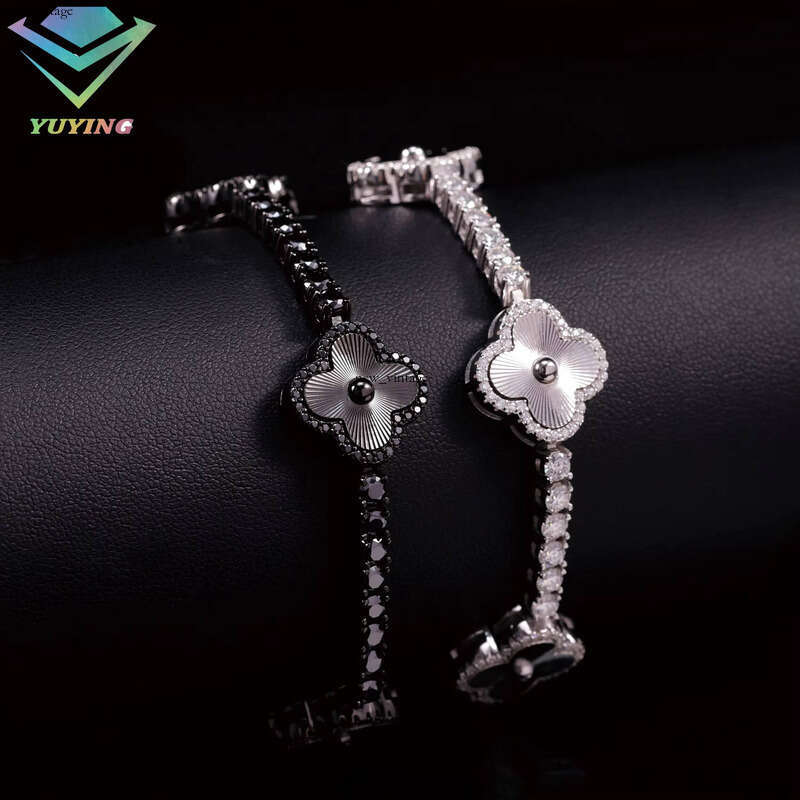 Lucky Clover 3mm S925 silver Black/Yellow/White Gold Plated VVS Moissanite Cuban Bracelet with GRA Certificate