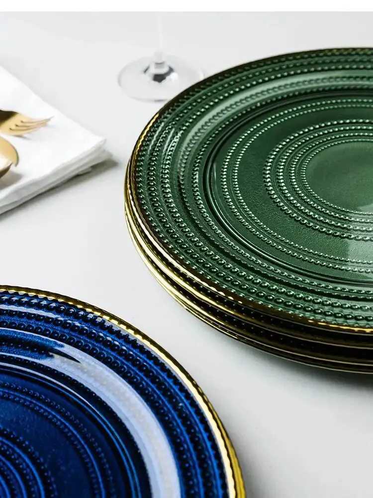 Luxury 13 Inch Plate Nordic Light Luxury Golden Blue Steak Household Round Restaurant Serving Kitchen Tableware Y251129