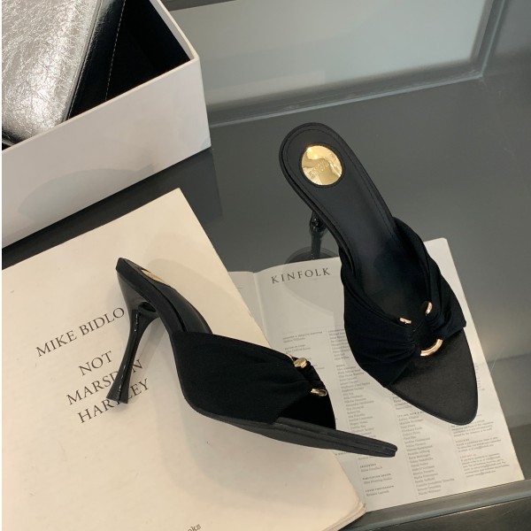 Free shipping designer women's summer style pleated metal buckle pointed high heels Sexy thin heels open-toe flip-flops