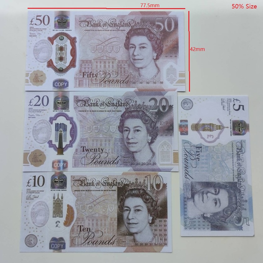 Prop Money For Party Supplies Fake Money UK Pounds 5/10/20/50 Movie Banknote Paper Novelty Toys Copy Currency For Kids Christmas Gifts Or Video Film 77.5*42mm 50% Size