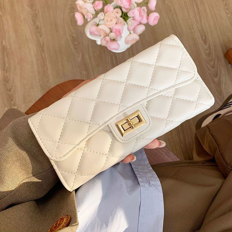 2025 new Wholesale women's rhombus-patterned wallets long three-fold PU leather clutch bags large-capacity coin purses simple card holders