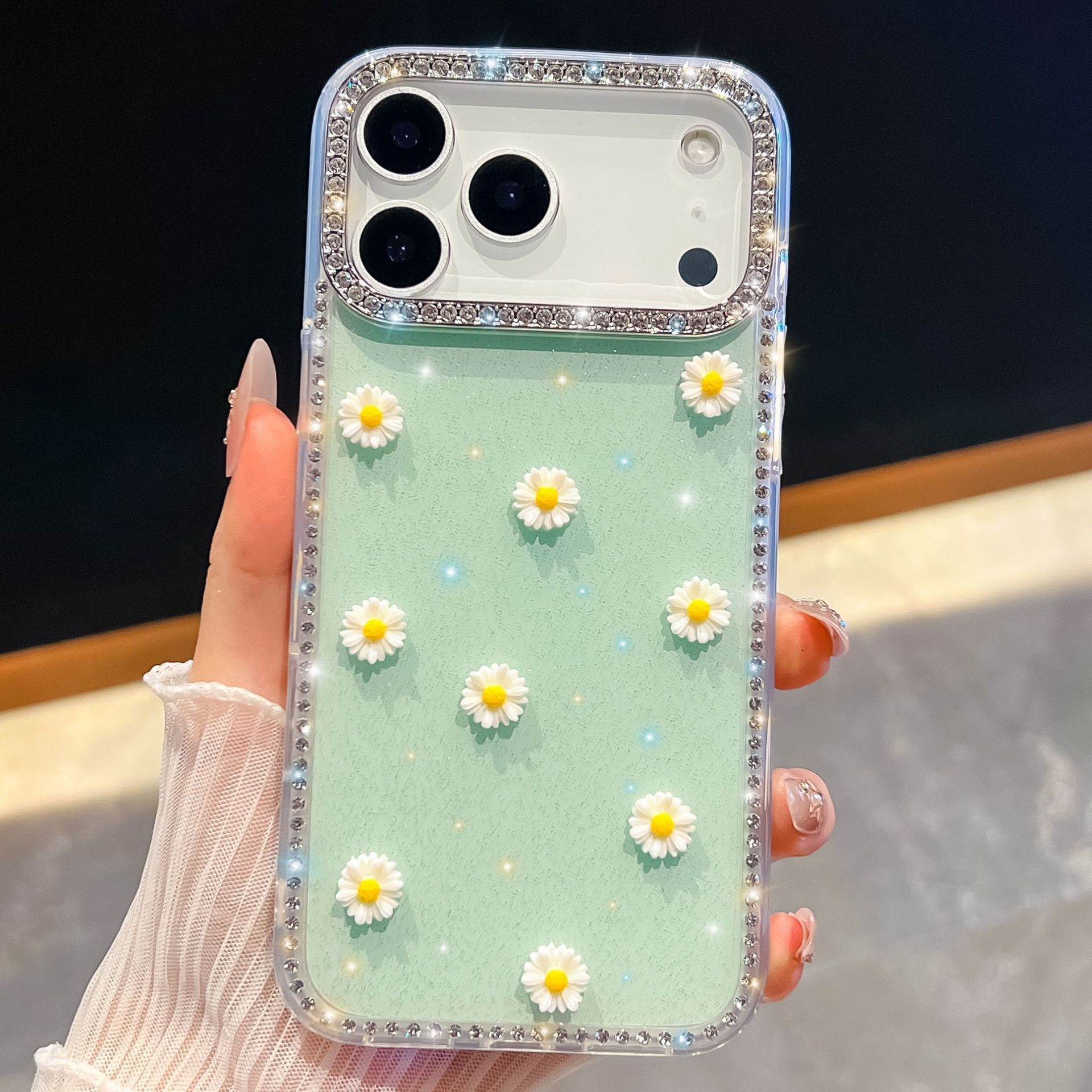 Small Daisy Phone Case iPhone 17 Pro Max Luxurious Sparkling Compatible Diamond Glitter Transparent Case with Apple 16/15/14 Pro
