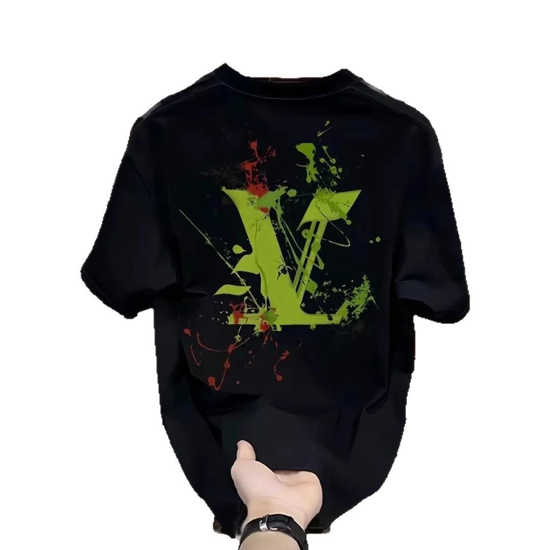Oversized short-sleeved pure cotton summer new men's printed T-shirt, trendy and versatile round-neck T-shirt 2025
