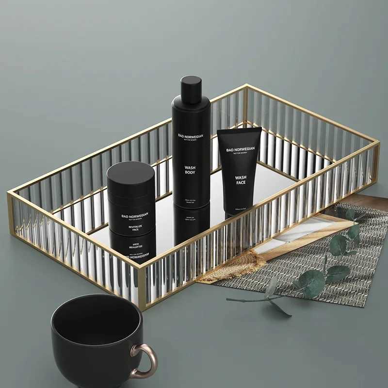 Makeup Storage Tray Glass Transparent Cosmetic Organizer Metal Perfume Lipstick Stand Rectangle Dresser Decoration Tray for Home Y251129