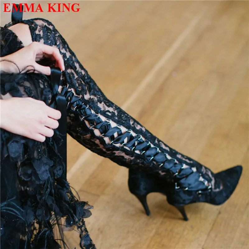 Fashion Black Lace Over The Knee Boots Lace Up Gothic Thigh High Boots High Heels Long Bridal Boots Pointed White Wedding Boots 250428