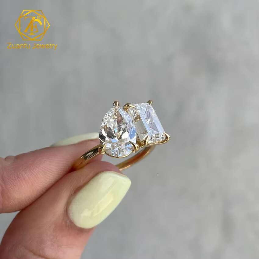 Vintage Jewelry Toi Et Moi Ring Moissanite D 3CT Emerald Cut and 2CT Pear Cut Moissanite 14K Yellow Gold Diamond Wedding Ring