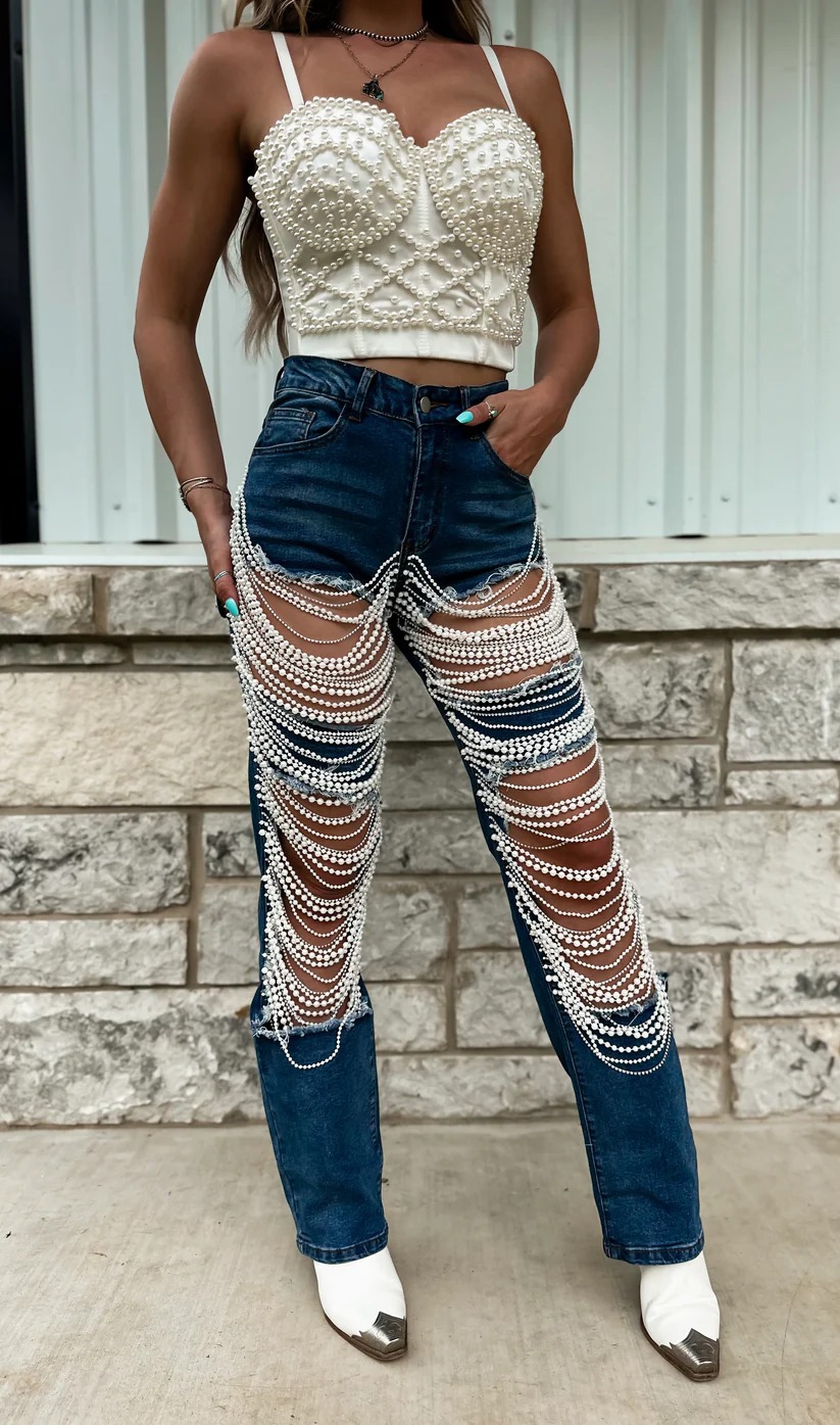 CNLONGBIDA Women's Jeans Big Hole Jeans Women's Chain Bead Chain Hanging Accessories Straight Leg Pants