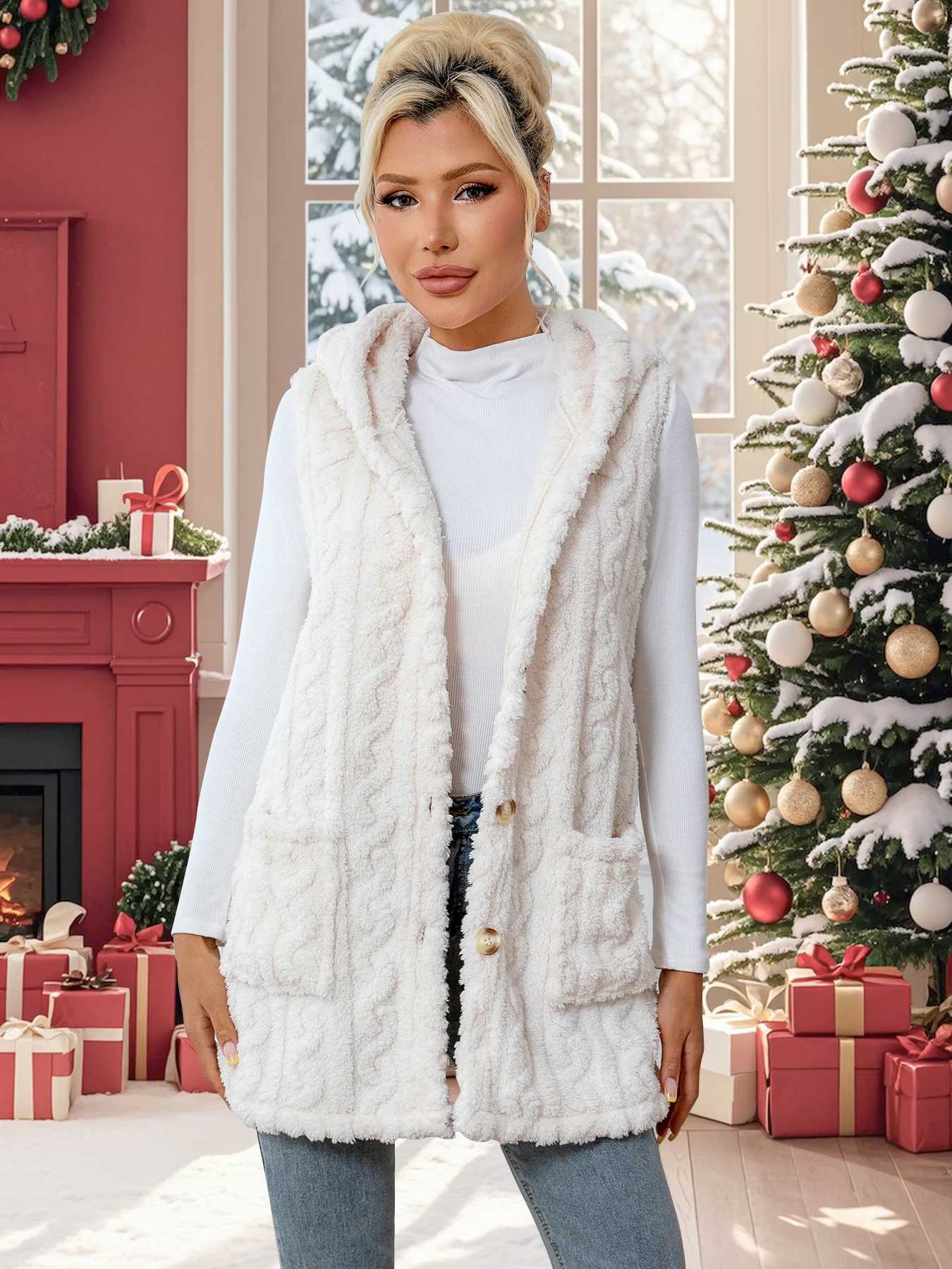 Womens plush sleeveless coat full front opening hooded collar with pockets warm and soft white colorT251129