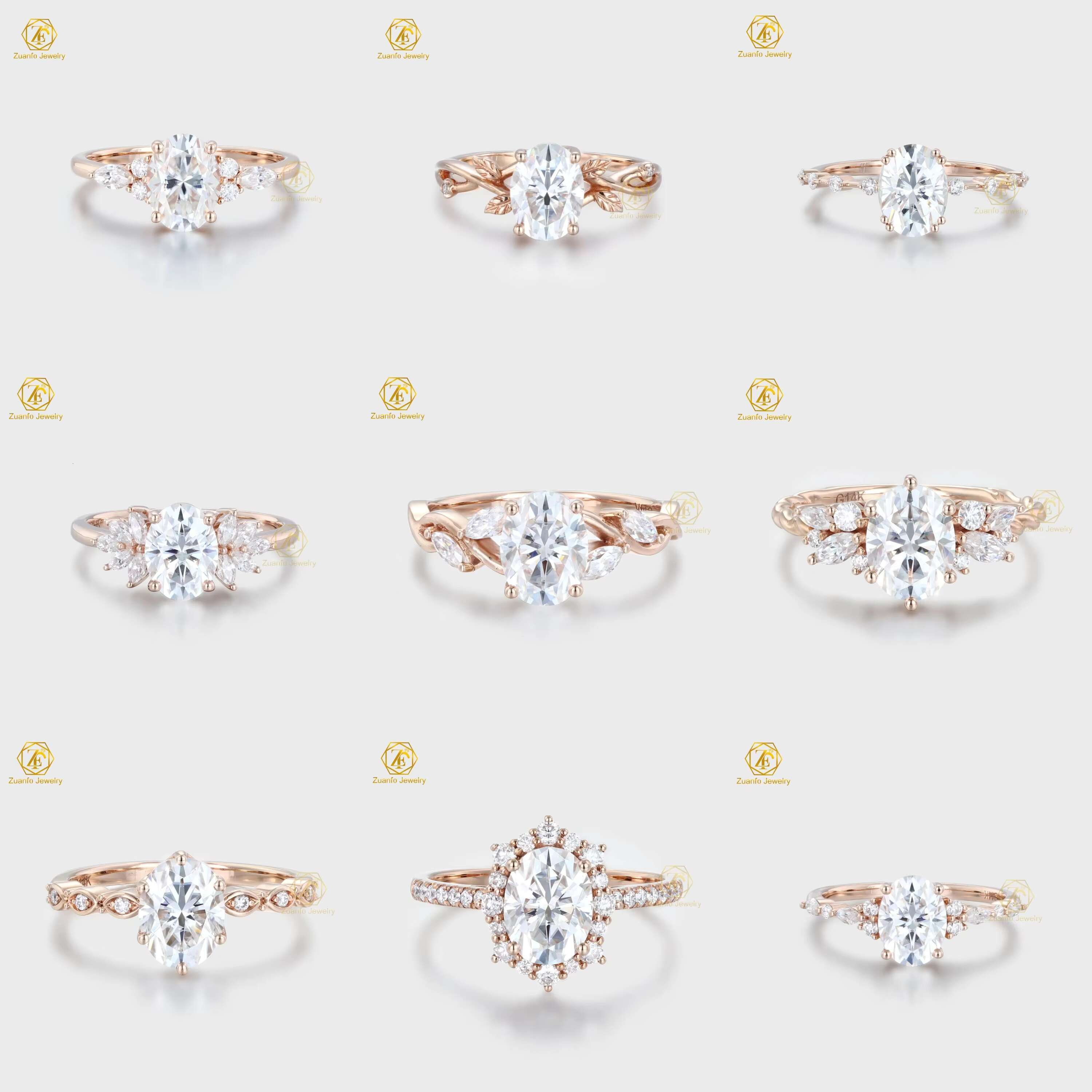 Custom Leaf Style 10K 14K 18K Real Rose Gold Gra Certified 1.5 ct 6x8mm Oval Moissanite Engagement Wedding Ring for Women