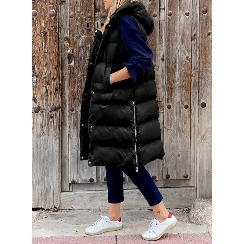 Women Hooded Vests Jackets Winter Long Cotton Vest Casual Fashion Coats Outwear Single-breasted Sleeveless Jacket Keep WarmT251129