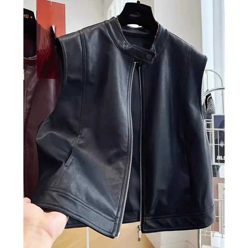 Spring Autumn Feminine Leather Waistcoat Jacket Women PU Leather Sleeveless Coat 2025 Ladies Stand Collar Faux Leather Vest TopsT251129