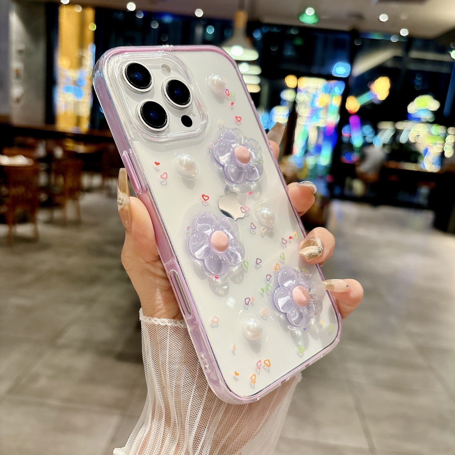 Pearl Candy Flower Phone Case Suitable for iPhone 16/15 Pro Max Transparent Resin Protective Case iPhone 14/13