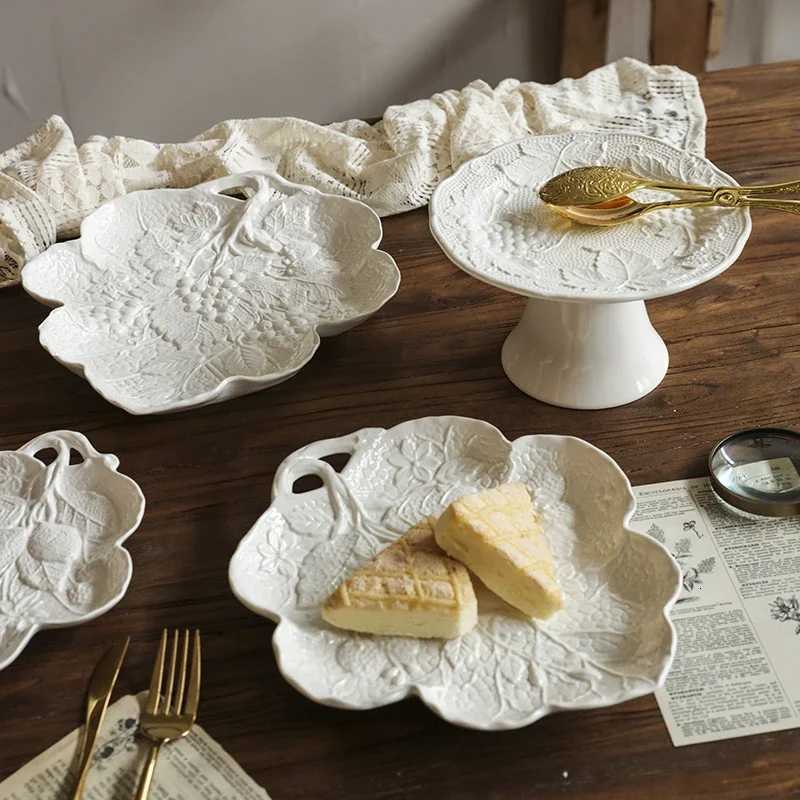 Luxury e White Flowers Dining Plate Retro French Style Ceramic Plates Light Luxury Household Salads Desserts Plate Tableware Y251129