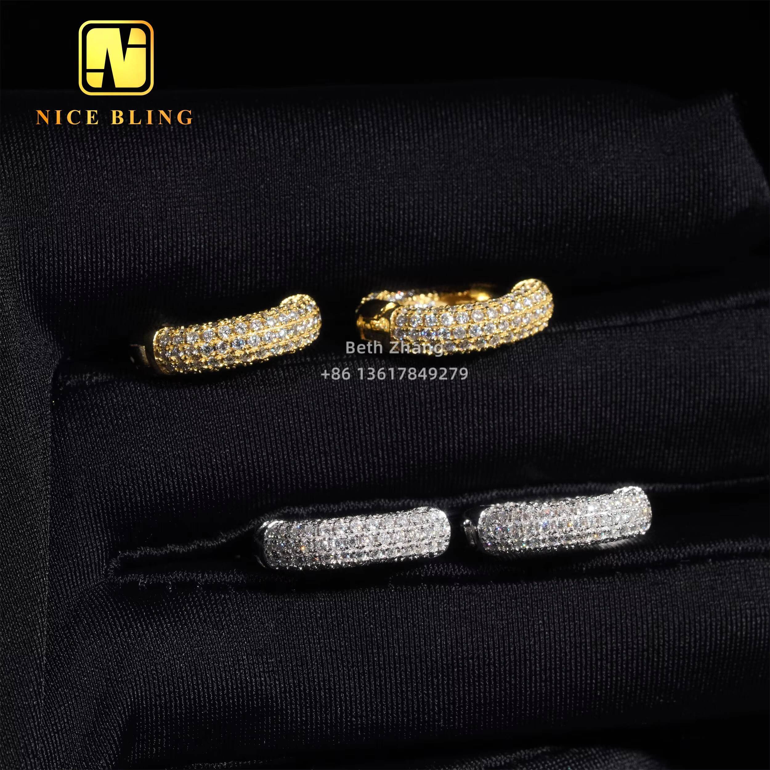RTS Iced Out Moissanite Diamond Earrings 925 Silver Jewelry Trendy Hip Hop Hoop Ear Rings 3 Rows Diamonds for Men Women
