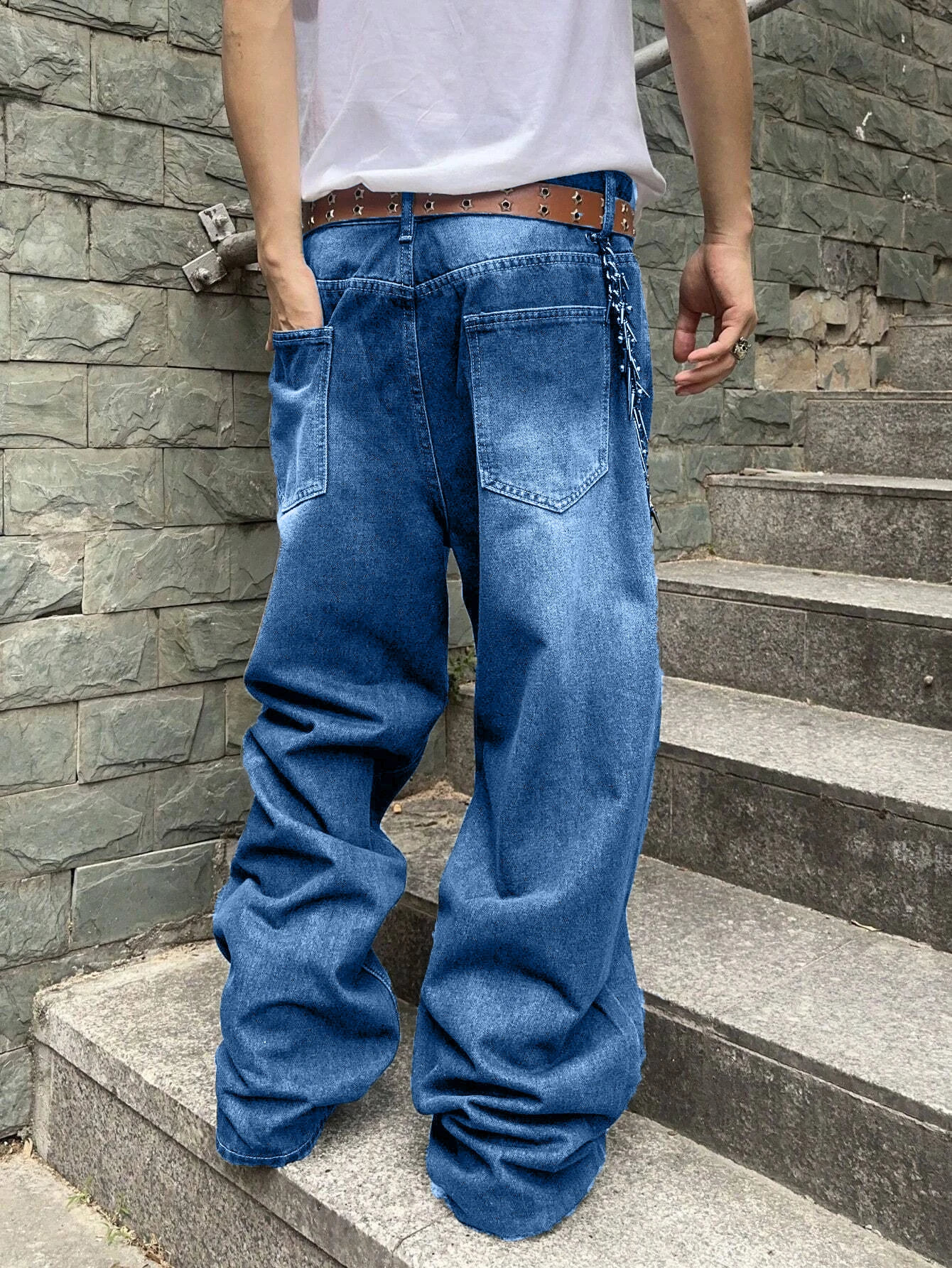 1 piece of mens loose hip-hop style denim jeans - casual streetwear washed blue strapless/decorative comfortable and fashionable 250423