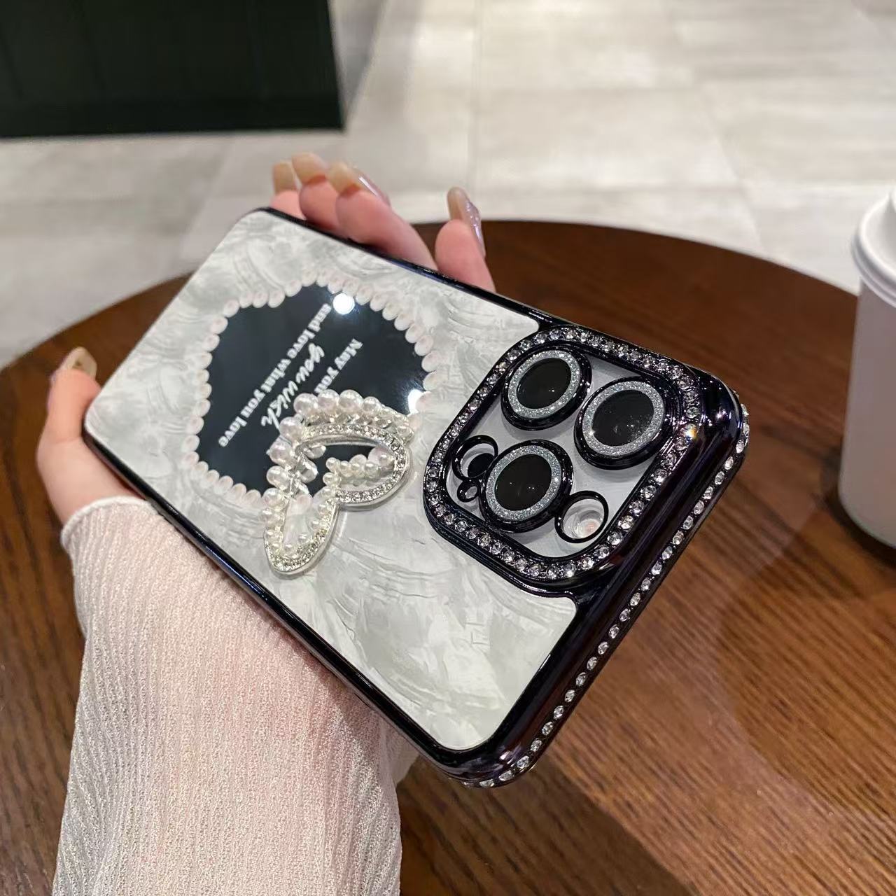 Mirror 3D Pearl Heart Phone Case iPhone 16/15 Pro Max Compatible with Apple 14 Pro Diamond Edge Electroplated Protective Case