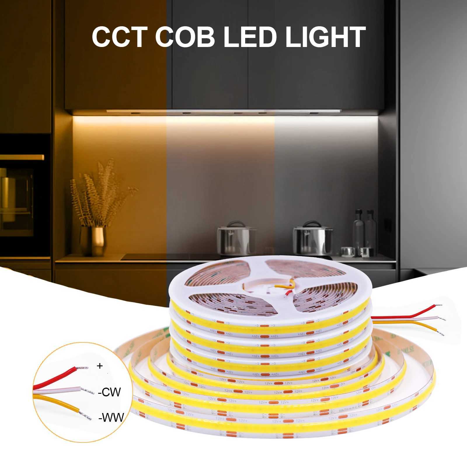 CCT COB LED Strip Lights 608LEDs/m High Density Double Color RA90 Dimmable Led Tape 2700K to 6500K Changing 10mm Width DC12V 24V M251129