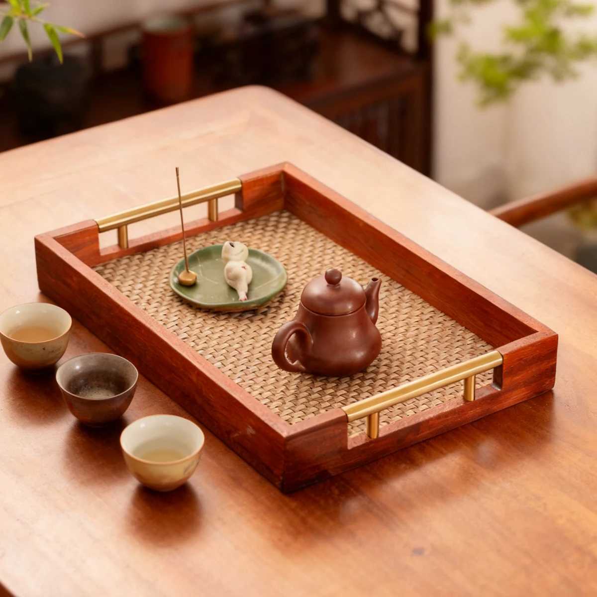Solid Wood Rectangle Serving Tray with Metal Handles - Coffee Table Kitchen Decor 177x118 BrownPlastic rattan base Y251129