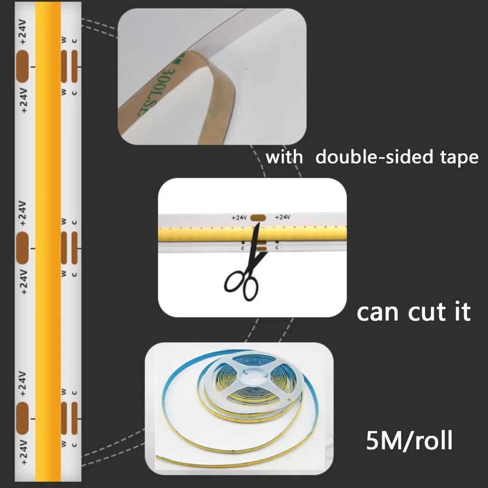 DC24V 2700K-6500K CCT COB FOB LED Strip Light 608LEDs/M Dimmable Flexible Ribbon LED Tape Room Decor Cabinet TV Backlight 1M-10M M251129