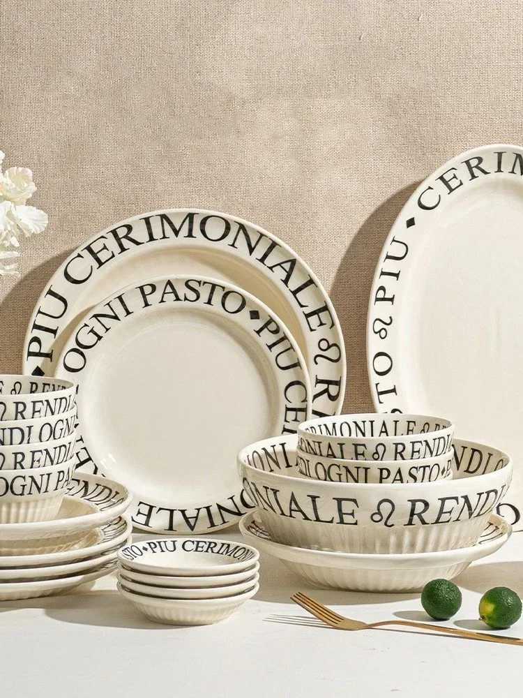 Luxury French Alphabet Ceramics Tableware Western Cuisine Steak Main Dish Plate Ellipse Dish Salad Bowl Spoon Kitchen Porcelain Set Y251129