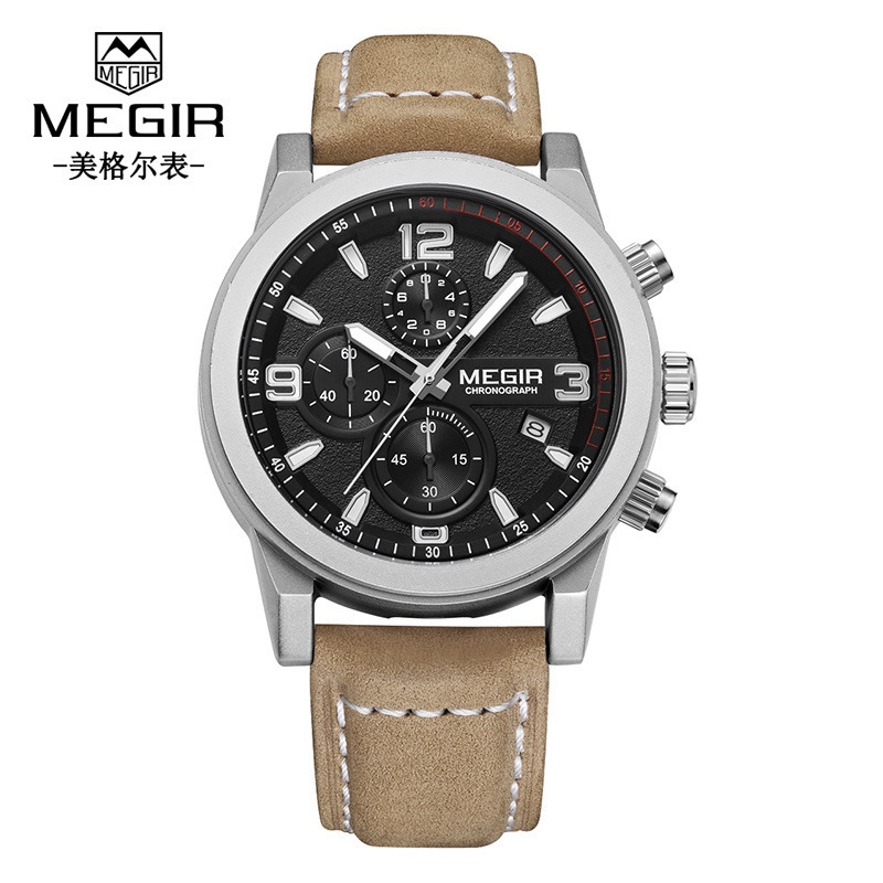 MEGIR Designer Business True Three-eye Chronograph Calendar Luminous Waterproof Sports Men's Leather Strap Watch Men's Luxury Wristwatch Fre
