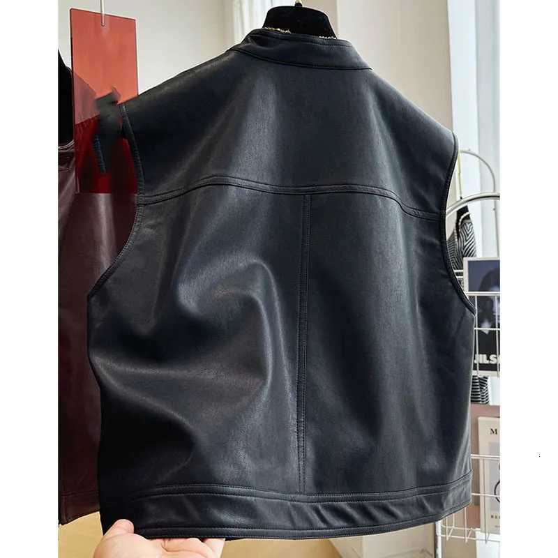 Spring Autumn Feminine Leather Waistcoat Jacket Women PU Leather Sleeveless Coat 2025 Ladies Stand Collar Faux Leather Vest TopsT251129