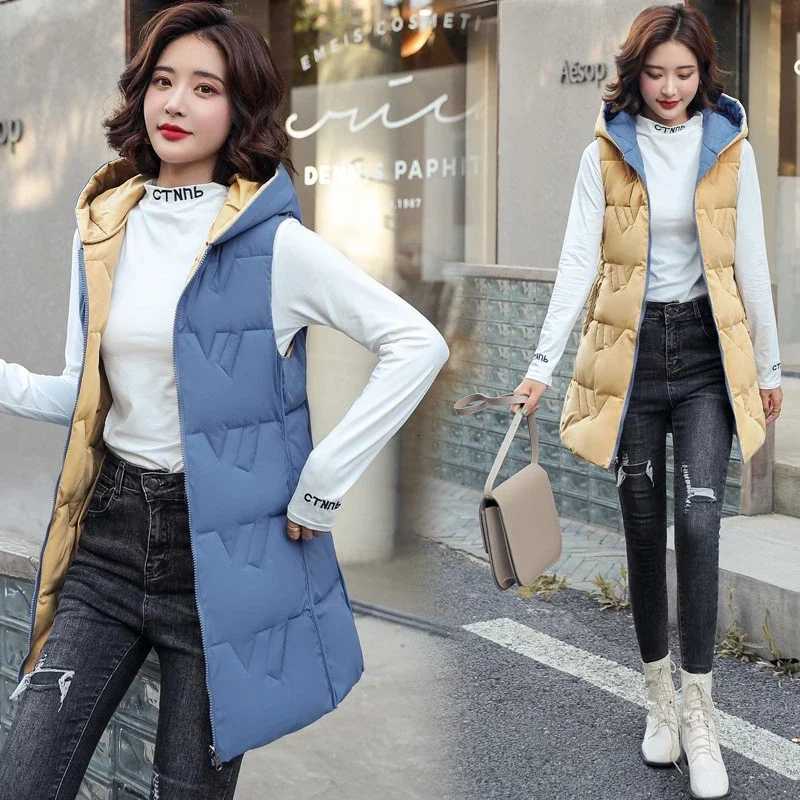 Double Side Vest Korean Slim Hooded Down Cotton Vest Women Waistcoat Sleeveless Jacket 2025 Autumn Winter Jacket Female CoatT251129