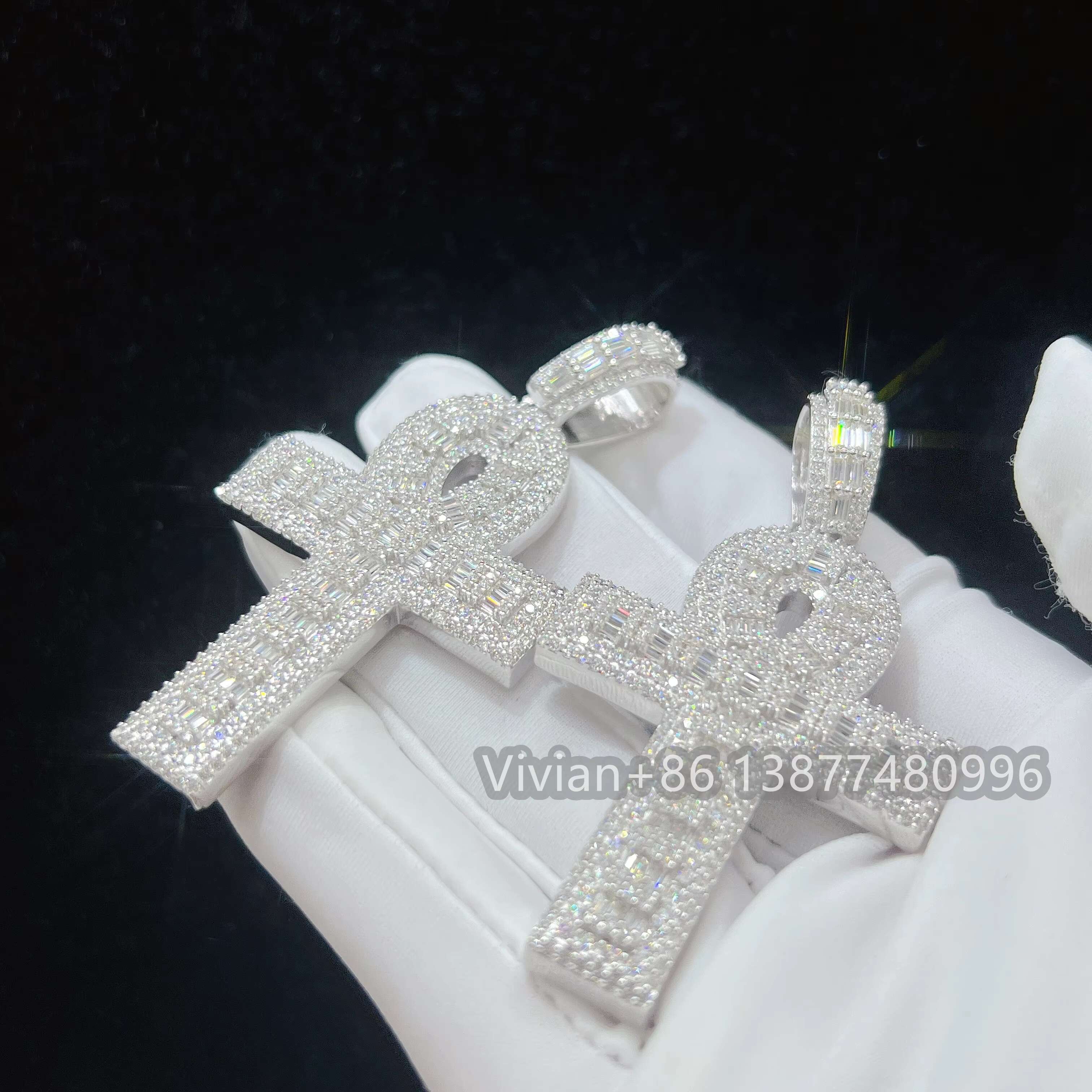 Fine Jewelry Silver 925 Iced Out Hip Hop Rapper Jewelry Men Moissanite Diamond Ankh Cross Pendant