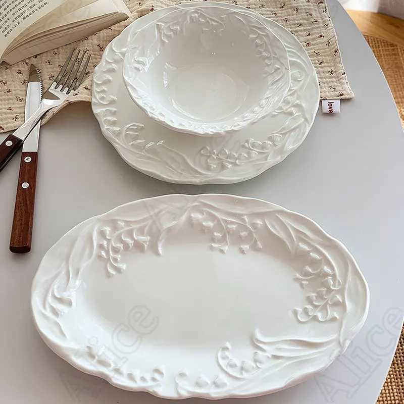 Luxury French Lily of The Valley Ceramic Plate Simple Solid Color Texture Tableware He Breakfast Bread Dessert Dinner Plates Y251129