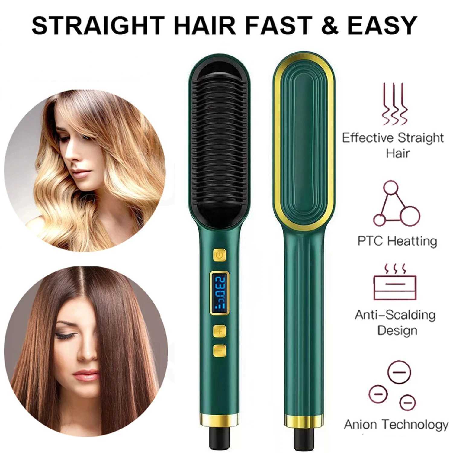 2-in-1 Hair Straightening Brush with LCD Display Negative Ion Smoothing Hot Comb for Curling And StraighteningT251129