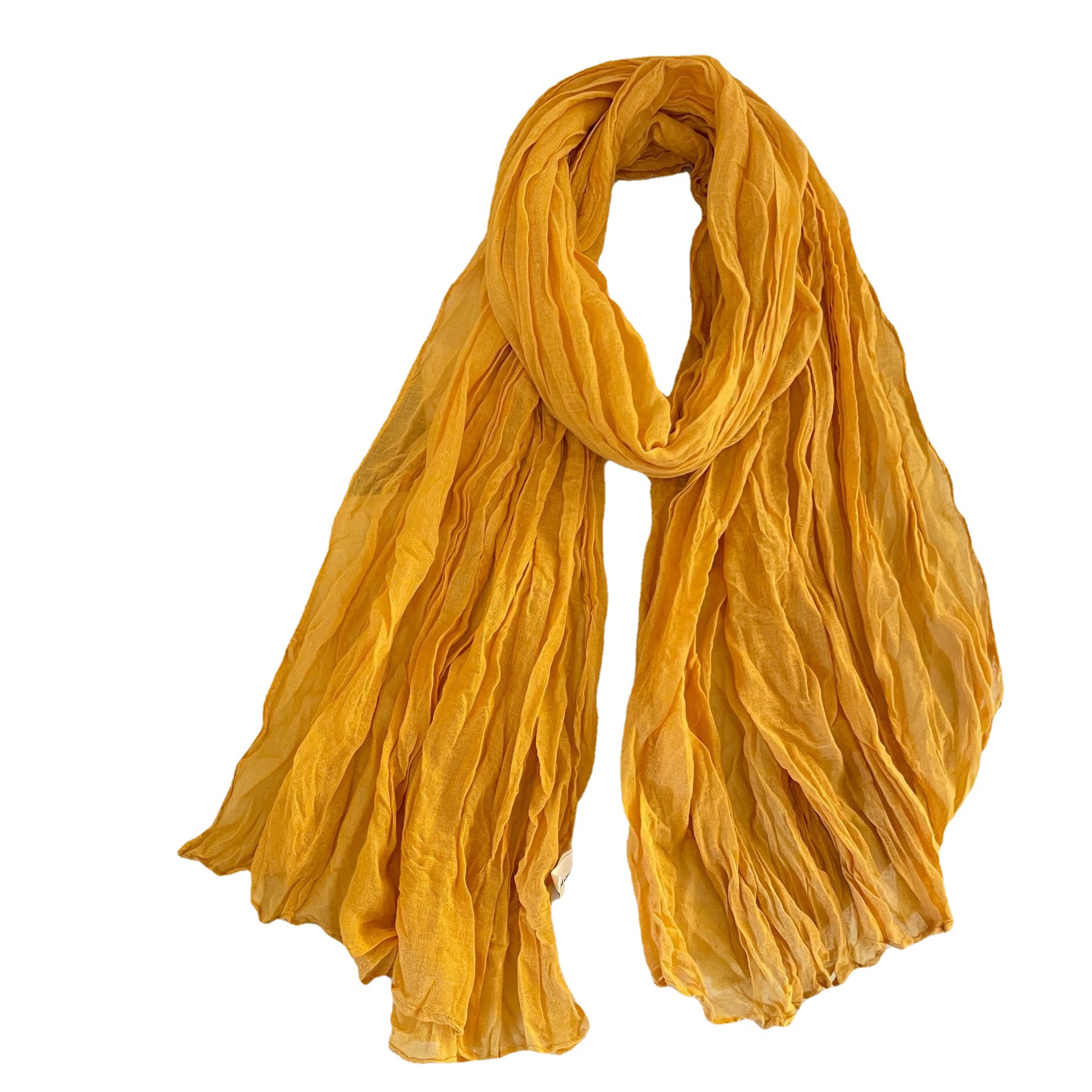 K574 Spring and autumn solid color cotton and linen scarf for women with pleated long Korean style spring and autumn versatile thin decorative neck sc