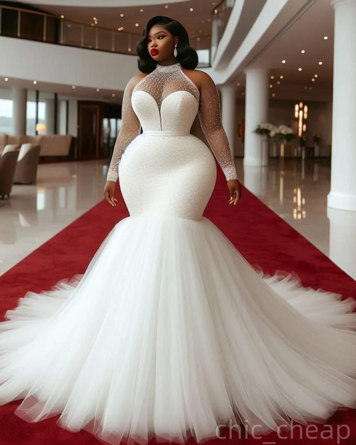 2025 Oversize Aso Ebi Plus Size Ivory Wedding Dress Pearls Sequined Full Sleeves Tulle Elegant Bridal Gowns Dresses ZJ059