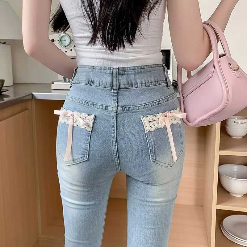 Woman Daily Vintage Blue Flare Jeans Female High Waist Stretch Bell Bottom Pants Kawaii Lace Bow Decoration Denim Trousers M260310