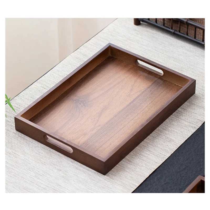 B08B-Tea Tray Display Plate Bamboo Wood Large Size Rectangular Walnut Color Cup Storage Handle For Home Use Japanese Tea Set Y251129