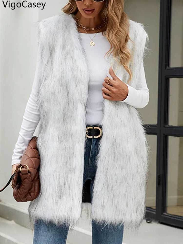 VigoCasey 2025 White Sleeveless Thick Faux Fur Vest Coat Woman V Neck Plush Warm Waistcoat Lady Autumn Winter Fluffy Vest JacketT251129