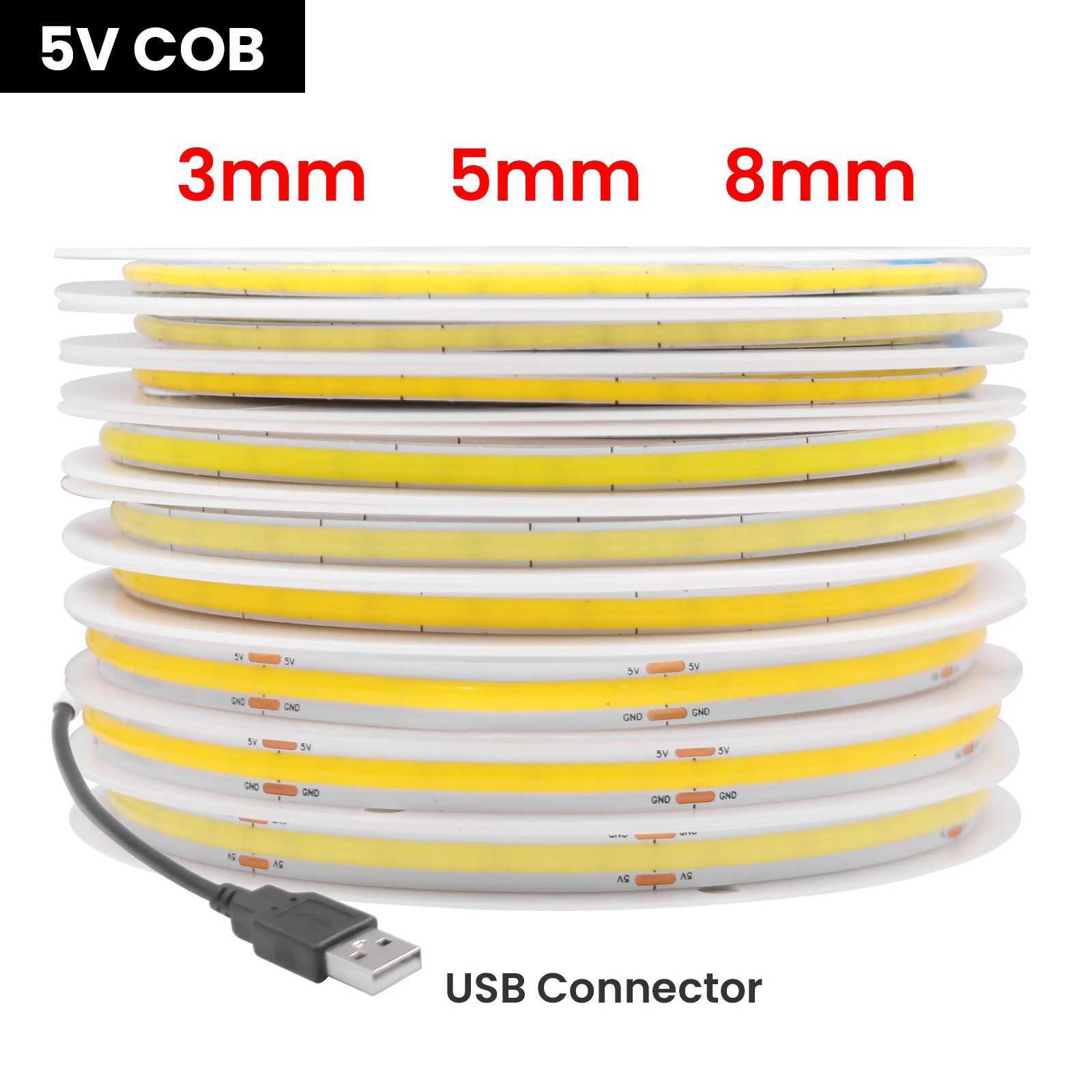 DC 5V USB COB Strip 3MM 5MM 8MM White/Pink/Red/White/Yellow/Yellow/Ice Blue/Green Flexible Ribbon Rope Home Decor TV Backlight M251129