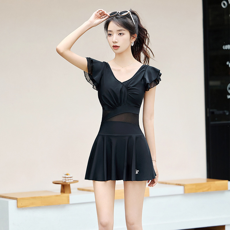 Swimming suit ins style conservative large hot spring one-piece off shoulder split women's new swimsuit